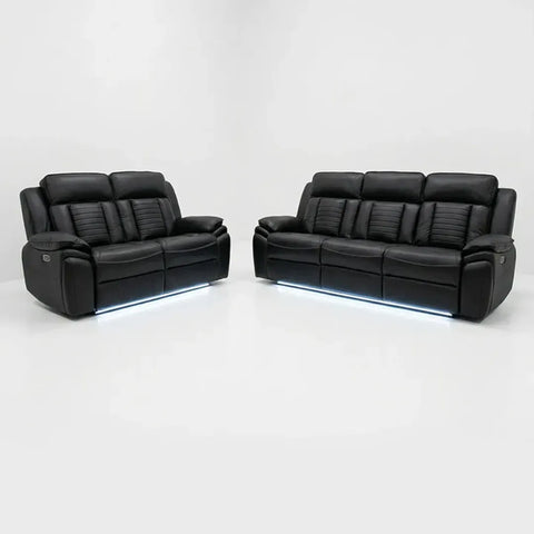 Savilla Electric Leather Recliner Sofa Set – 3+2 Seater with Cup Holders, USB & Type-C Charging Ports, LED Lighting & Wireless Charging, Black & Grey