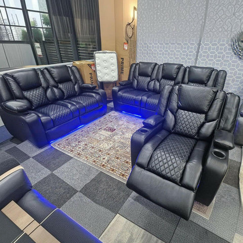 Orlando Leather Electric Recliners Sofa With Cupholders - 3+2 Seater Sofa/LED Lights/Wireless Charging/USB Charging Ports