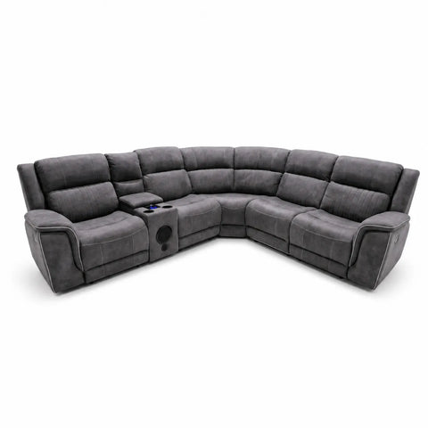 Hannah Grey Microfibre Electric Recliner Corner Sofa Set | Fabric Sofa with USB Charging, LED Lights & Bluetooth Speakers