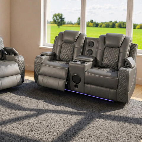 Emilay Leather Electric Recliner Sofa 3+2 Seater – Cooling Cupholders, Bluetooth Speakers, Wireless Charging, LED Lights & USB-A/USB-C | Black, Grey & Cream