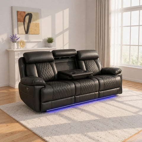 Carlisle Leather Electric Recliner 3+2 Seater Sofa Set with LED Lights, Cooling Cup Holders, USB-C Charging Ports & Storage Console