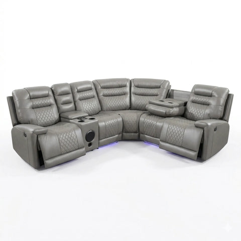 Halifax Leather Electric Recliner Corner Sofa with Bluetooth Speakers, Wireless Charger, USB Ports & LED Lights ( Grey, Black, and Brown)