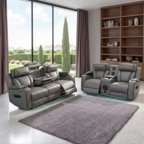 Osman Smart Leather Electric Recliner 3+2 Seater Sofa Set with Wireless Charging, USB-C Ports, Bluetooth Speakers, RGB LED Lighting & Electric Headrests