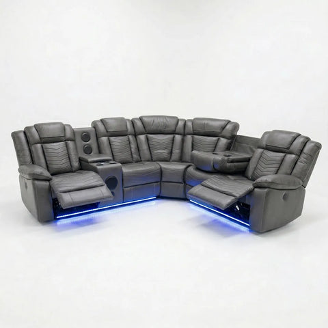 Michigan Leather Electric Recliners Corner Sofa With Cupholders (Black/Grey/Brown)- Bluetooth Speakers/LED Lights/USB Charging Ports/Storage
