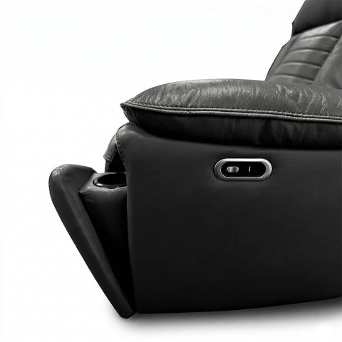 Savilla Electric Leather Recliner Sofa Set – 3+2 Seater with Cup Holders, USB & Type-C Charging Ports, LED Lighting & Wireless Charging, Black & Grey