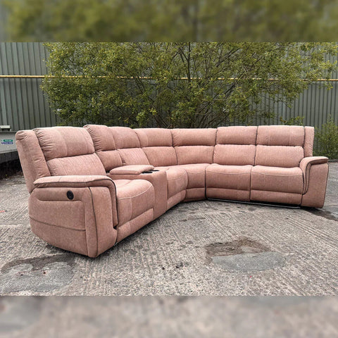 Hannah Fabric Electric Recliner Corner Sofa- Fabric Corner Sofa With - Cup Holders/LED Lights