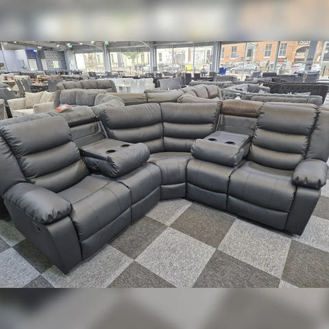 Roma Leather Recliner Corner Sofa (Black/Grey/Brown)