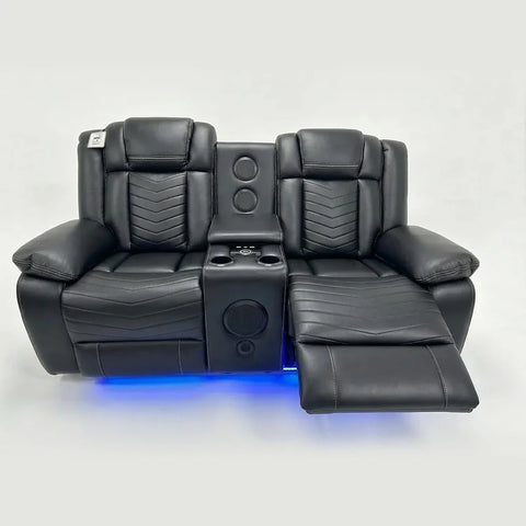 Michigan Leather Electric Recliners Sofa With Cupholders (Black/Grey/Brown) - 3+2 Seater Sofa/Bluetooth Speakers/LED Lights/USB Charging Ports/Storage