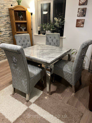 Grey Louis Chrome Dining Table With Light Grey Sofia Chairs
