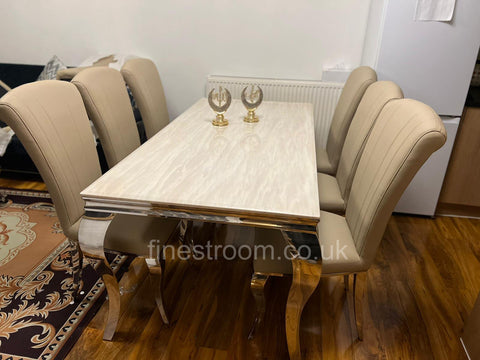 Cream Louis chrome Dining Table with Cream Leather Armenia Chairs