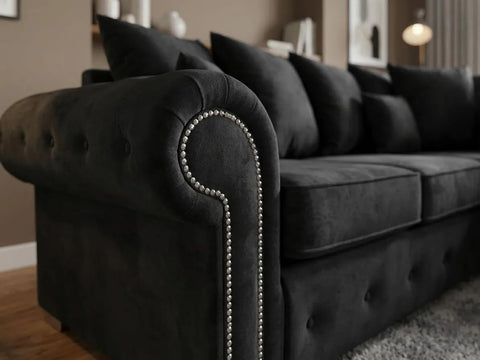 Olympia Plush Velvet Corner Sofa – Modern Button-Tufted Design with Scatter Back Cushions, Available in Grey & Black
