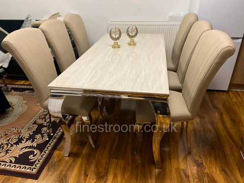 Cream Louis chrome Dining Table with Cream Leather Armenia Chairs
