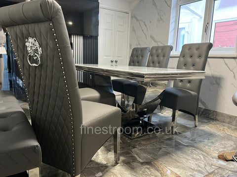 Grey Arial Dining Table With Dark Grey Leather Sofia Chairs
