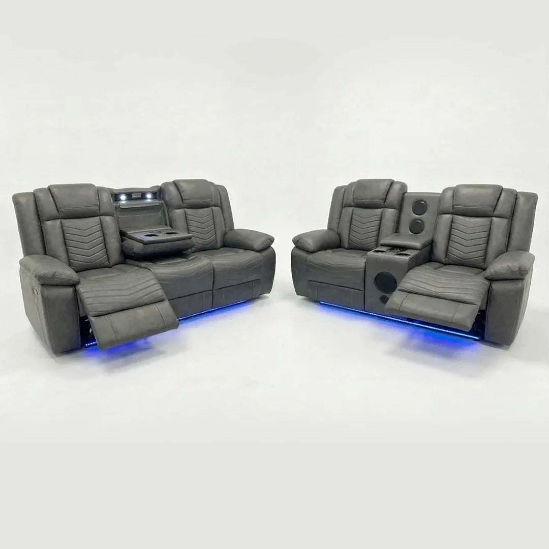 Michigan Leather Electric Recliners Sofa With Cupholders (Black/Grey/Brown) - 3+2 Seater Sofa/Bluetooth Speakers/LED Lights/USB Charging Ports/Storage