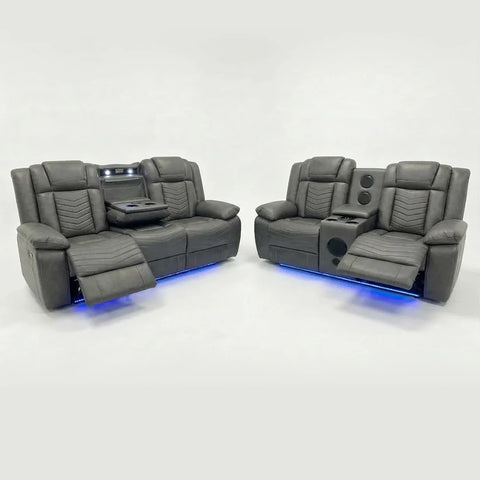 Michigan Leather Electric Recliners Sofa With Cupholders (Black/Grey/Brown) - 3+2 Seater Sofa/Bluetooth Speakers/LED Lights/USB Charging Ports/Storage
