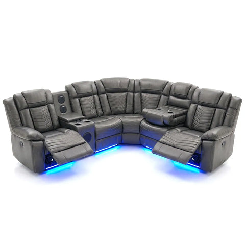 Michigan Leather Electric Recliners Corner Sofa With Cupholders (Black/Grey/Brown)- Bluetooth Speakers/LED Lights/USB Charging Ports/Storage