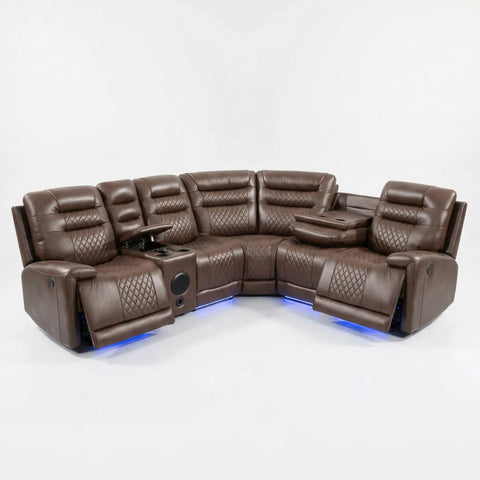 Halifax Leather Electric Recliner Corner Sofa with Bluetooth Speakers, Wireless Charger, USB Ports & LED Lights ( Grey, Black, and Brown)