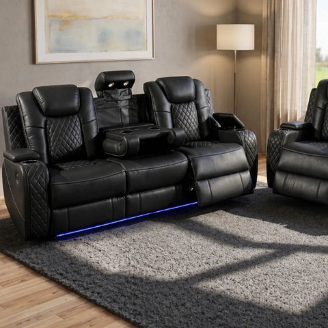 Emilay Leather Electric Recliner Sofa 3+2 Seater – Cooling Cupholders, Bluetooth Speakers, Wireless Charging, LED Lights & USB-A/USB-C | Black, Grey & Cream