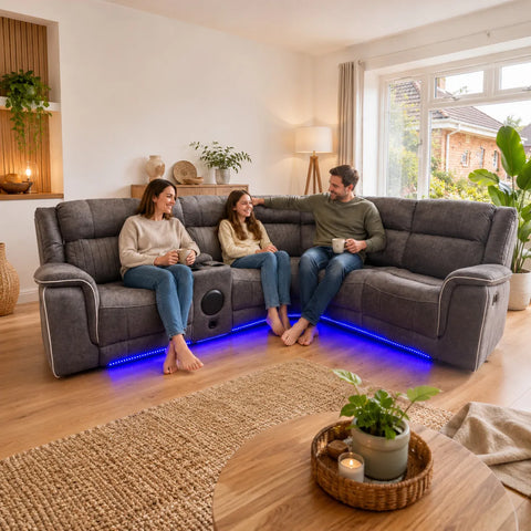 Hannah Grey Microfibre Electric Recliner Corner Sofa Set | Fabric Sofa with USB Charging, LED Lights & Bluetooth Speakers