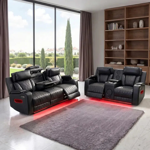 Osman Smart Leather Electric Recliner 3+2 Seater Sofa Set with Wireless Charging, USB-C Ports, Bluetooth Speakers, RGB LED Lighting & Electric Headrests