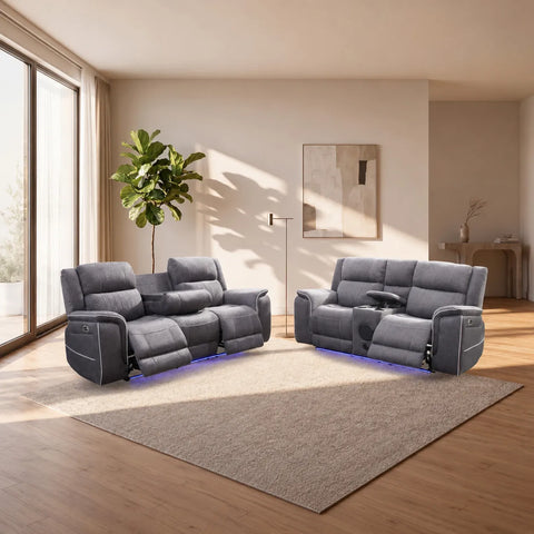 Hannah Grey Microfibre Electric Recliner 3+2 Seater Sofa Set with USB Charging, LED Lights & Bluetooth Speakers