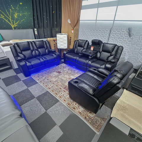 Orlando Leather Electric Recliners Sofa With Cupholders - 3+2 Seater Sofa/LED Lights/Wireless Charging/USB Charging Ports