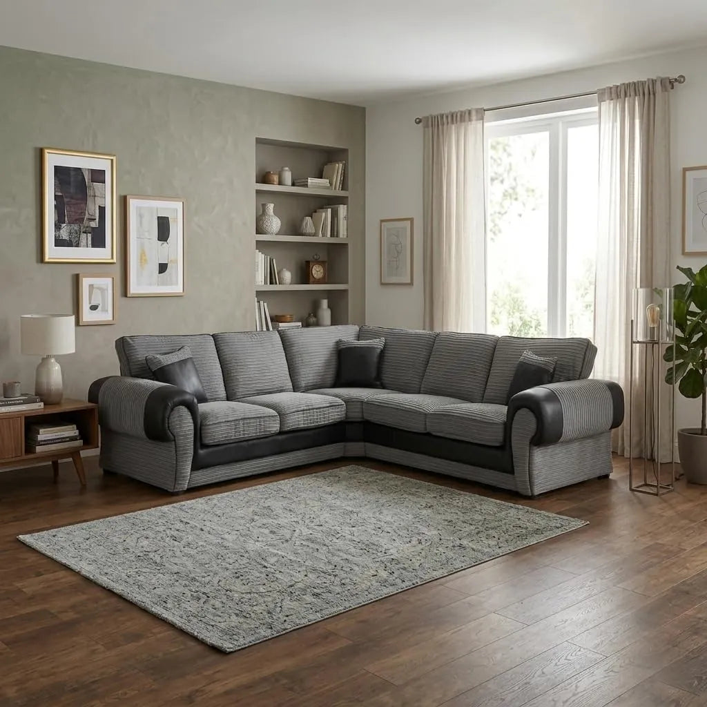 Tango Cord Fabric & Leather Corner Sofa Set – Stylish & Comfortable Design in Grey & Brown Colours
