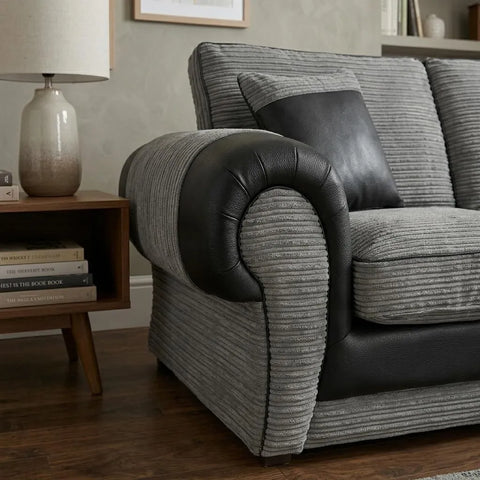 Tango Cord Fabric & Leather Corner Sofa Set – Stylish & Comfortable Design in Grey & Brown Colours