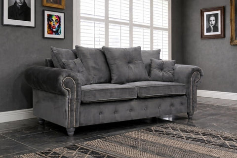 Olympia Plush Velvet Sofa Set – Modern Button-Tufted Design with Scatter Back Cushions, 3+2 Seater in Black & Grey