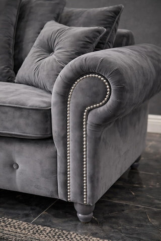 Olympia Plush Velvet Sofa Set – Modern Button-Tufted Design with Scatter Back Cushions, 3+2 Seater in Black & Grey