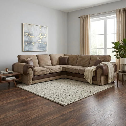 Tango Cord Fabric & Leather Corner Sofa Set – Stylish & Comfortable Design in Grey & Brown Colours