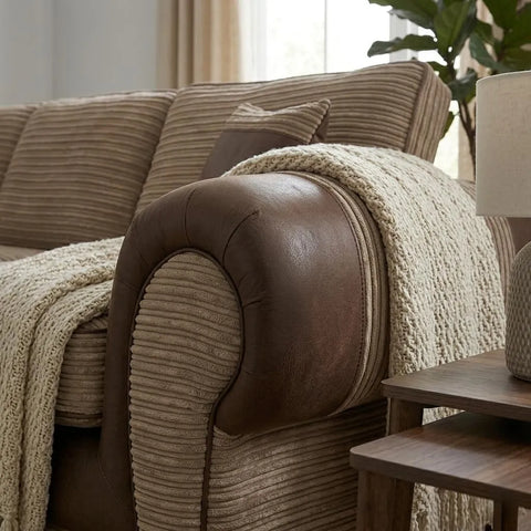 Tango Cord Fabric & Leather Corner Sofa Set – Stylish & Comfortable Design in Grey & Brown Colours