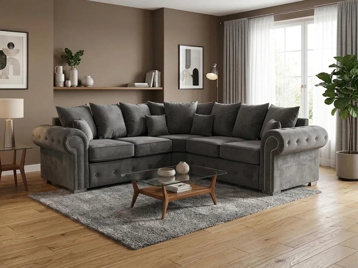 Olympia Plush Velvet Corner Sofa – Modern Button-Tufted Design with Scatter Back Cushions, Available in Grey & Black