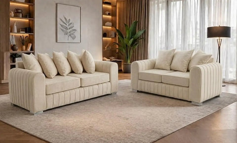 Lily Fabric Sofa Set – Modern 3+2 Seater with Plush Velvet Upholstery & Scatter Back Cushions, Available in Grey, Black, Cream & Blue