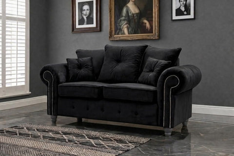 Olympia Plush Velvet Sofa Set – Modern Button-Tufted Design with Scatter Back Cushions, 3+2 Seater in Black & Grey