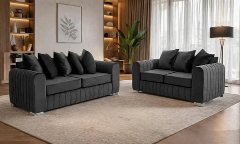 Lily Fabric Sofa Set – Modern 3+2 Seater with Plush Velvet Upholstery & Scatter Back Cushions, Available in Grey, Black, Cream & Blue