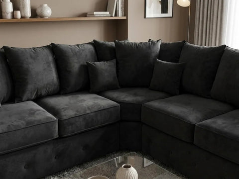 Olympia Plush Velvet Corner Sofa – Modern Button-Tufted Design with Scatter Back Cushions, Available in Grey & Black
