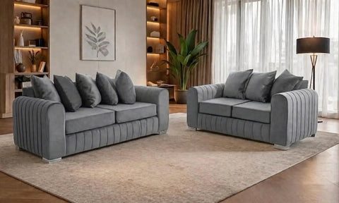 Lily Fabric Sofa Set – Modern 3+2 Seater with Plush Velvet Upholstery & Scatter Back Cushions, Available in Grey, Black, Cream & Blue