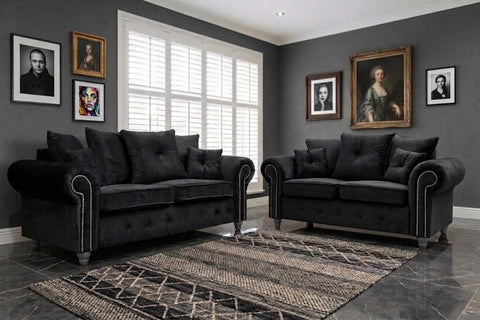 Olympia Plush Velvet Sofa Set – Modern Button-Tufted Design with Scatter Back Cushions, 3+2 Seater in Black & Grey