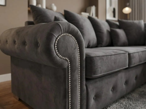 Olympia Plush Velvet Corner Sofa – Modern Button-Tufted Design with Scatter Back Cushions, Available in Grey & Black