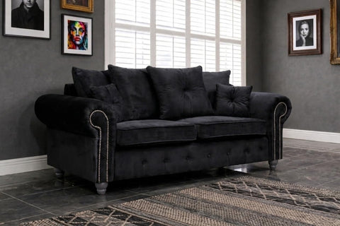 Olympia Plush Velvet Sofa Set – Modern Button-Tufted Design with Scatter Back Cushions, 3+2 Seater in Black & Grey