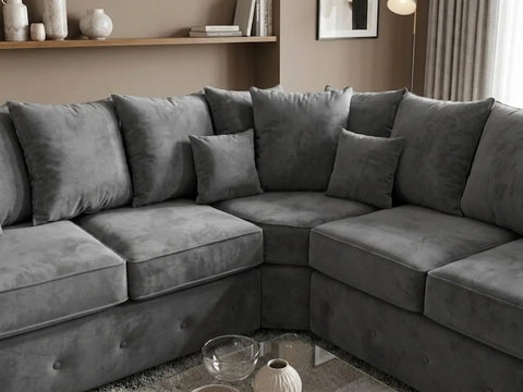 Olympia Plush Velvet Corner Sofa – Modern Button-Tufted Design with Scatter Back Cushions, Available in Grey & Black