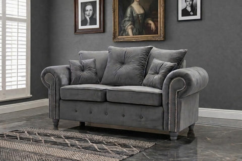 Olympia Plush Velvet Sofa Set – Modern Button-Tufted Design with Scatter Back Cushions, 3+2 Seater in Black & Grey