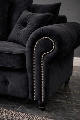 Olympia Plush Velvet Sofa Set – Modern Button-Tufted Design with Scatter Back Cushions, 3+2 Seater in Black & Grey