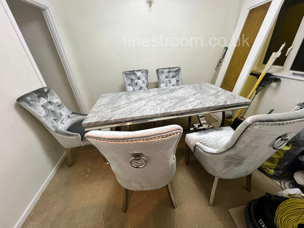 Grey Ariana Dining Table With Light Grey Isabelle Chairs