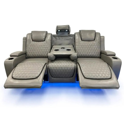 Malaga Leather Electric Recliner Sofa Set – 3+2 Seater with LED Lights, Bluetooth Speakers, USB & Type-C Charging and Wireless Charging (Grey, Black & Cream)