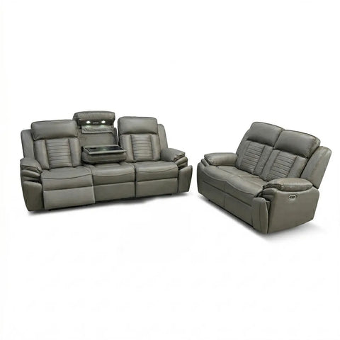 Savilla Electric Leather Recliner Sofa Set – 3+2 Seater with Cup Holders, USB & Type-C Charging Ports, LED Lighting & Wireless Charging, Black & Grey