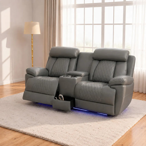 Carlisle Leather Electric Recliner 3+2 Seater Sofa Set with LED Lights, Cooling Cup Holders, USB-C Charging Ports & Storage Console
