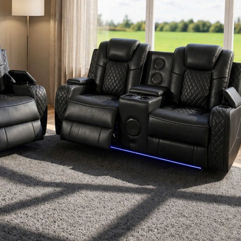 Emilay Leather Electric Recliner Sofa 3+2 Seater – Cooling Cupholders, Bluetooth Speakers, Wireless Charging, LED Lights & USB-A/USB-C | Black, Grey & Cream