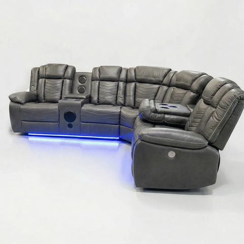 Michigan Leather Electric Recliners Corner Sofa With Cupholders (Black/Grey/Brown)- Bluetooth Speakers/LED Lights/USB Charging Ports/Storage